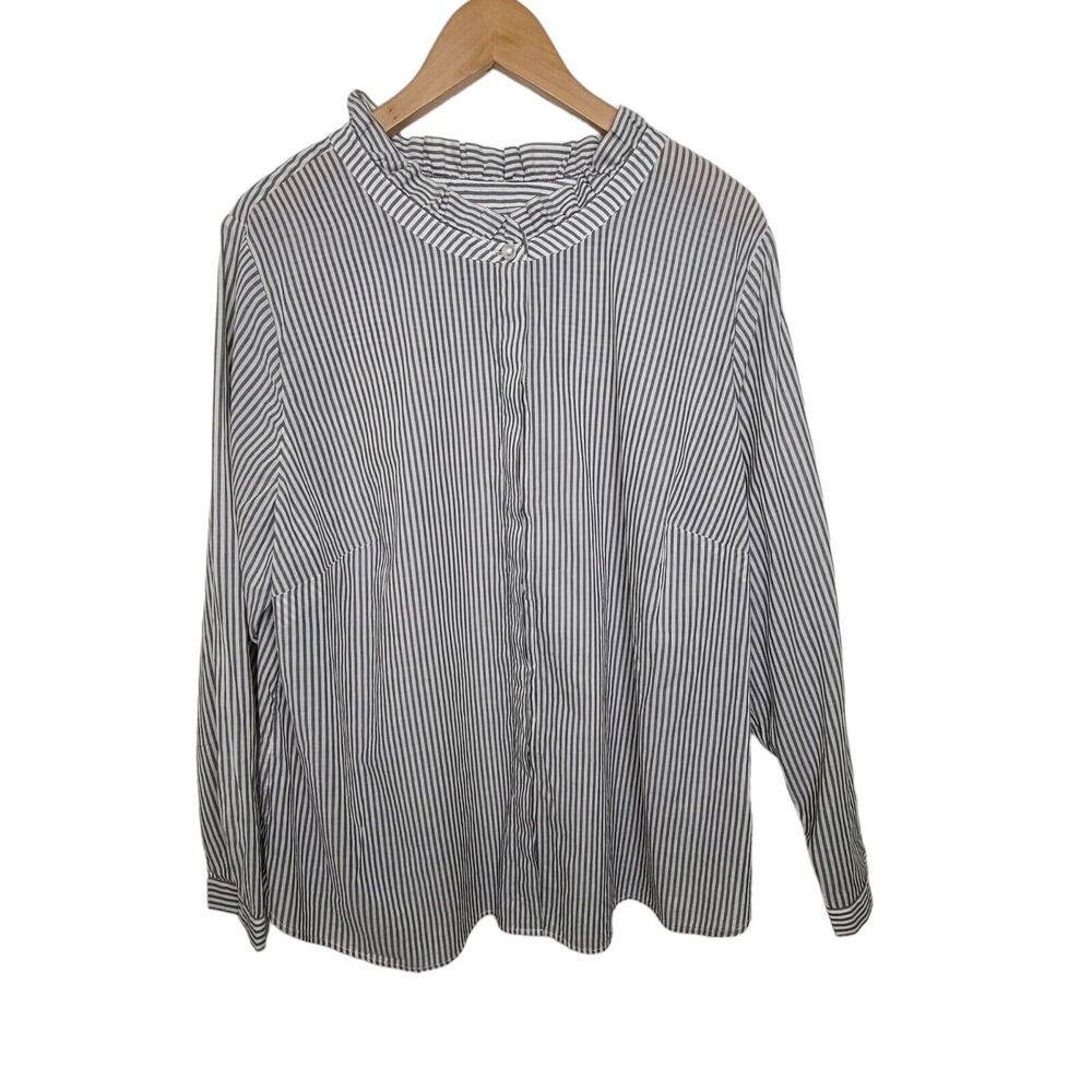 Talbots Plus Womens SZ 2X Gray Striped Blouse Fly Front‎ Buttons 100% Cotton